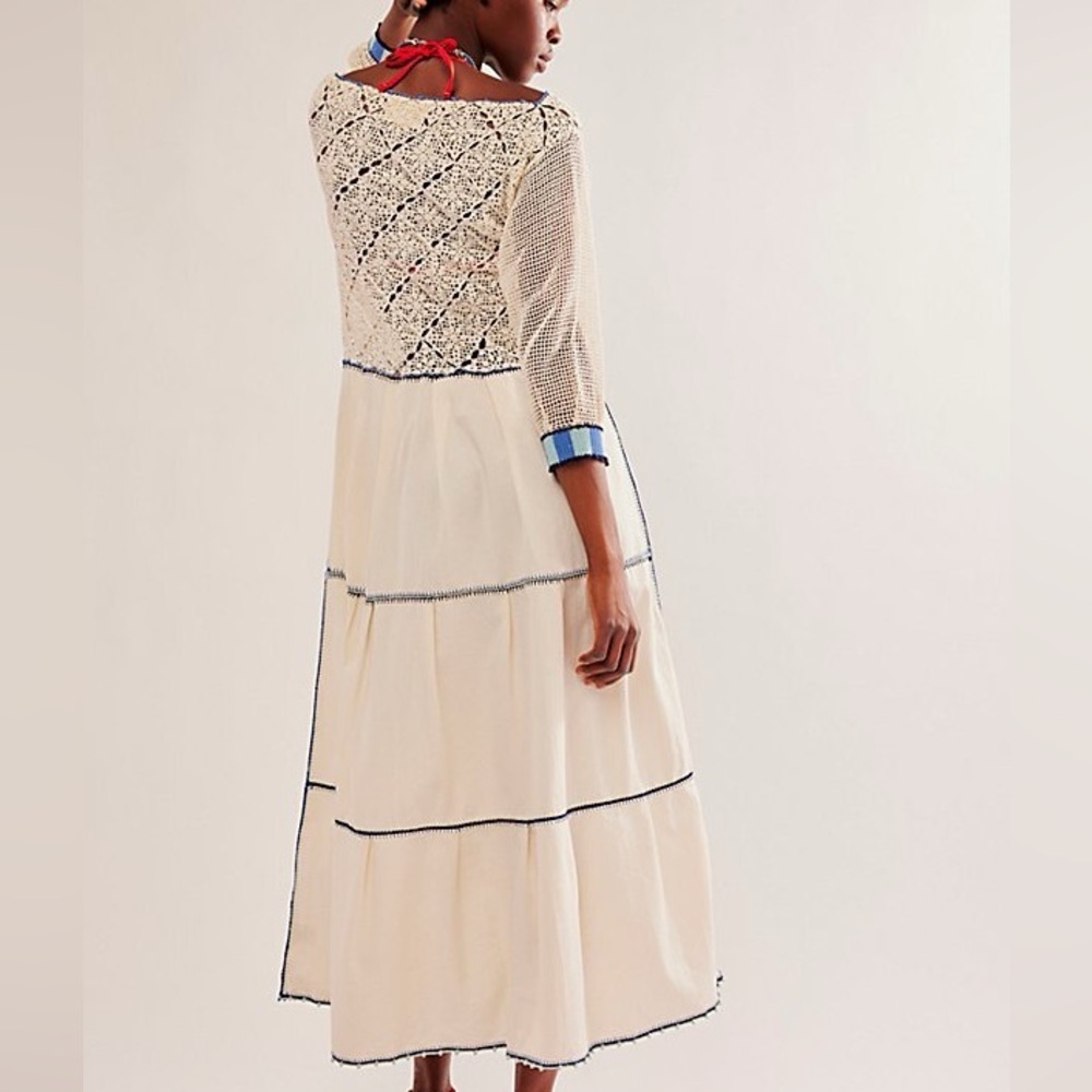 Carolina K Azul Sheer Crochet Cottagecore Bohemian Quarter Sleeve Maxi Dress S - Picture 4 of 16